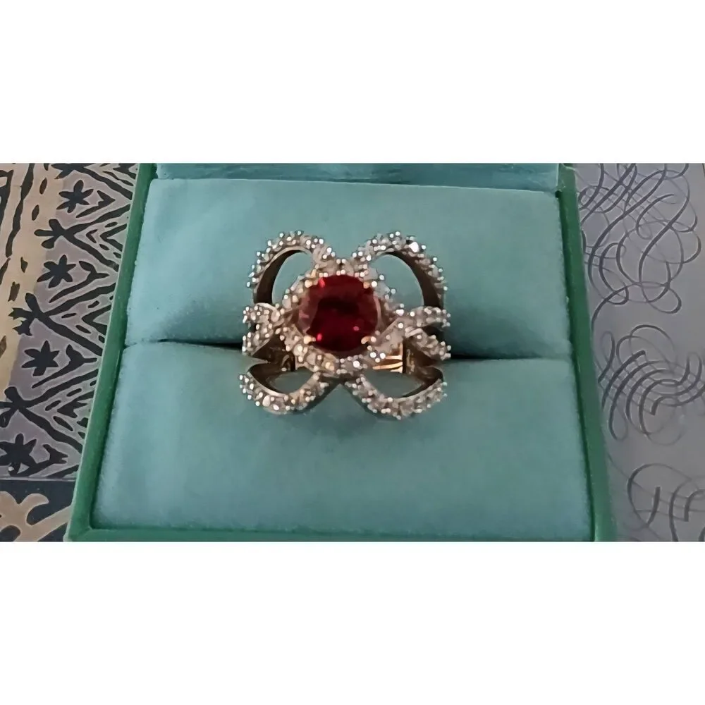 Vintage Signed SJ 925 Ruby & Simulated Diamond Rose Gold Statement Ring Sz 8